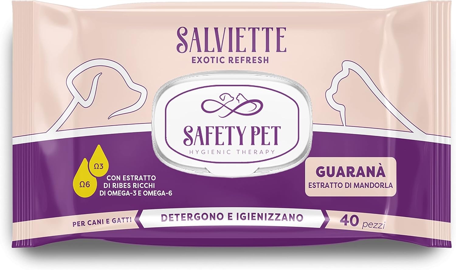 Exotic Refresh Salviette per Cane/Gatto 40 Pezzi Guaranà Estratto di Mandorla